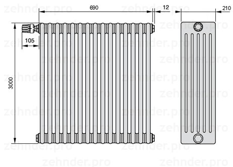 Схема (чертеж) Радиатор Zehnder Charleston 6300/15 №V011 Белый глянцевый RAL 9016